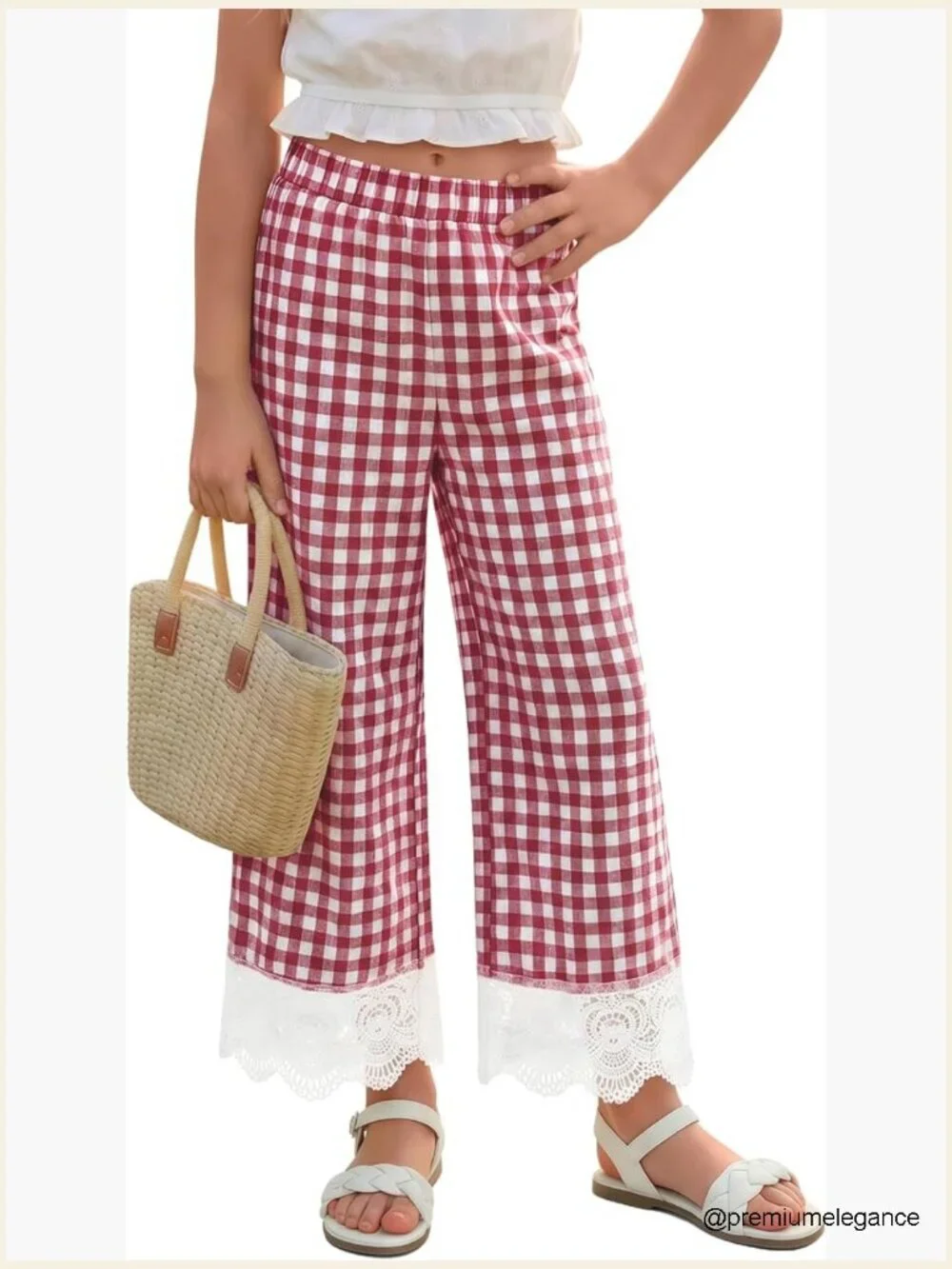 Girls Gingham Plaid Wide Leg Cotton Blend Trousers with Lace Hem